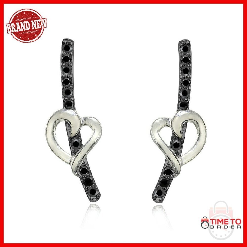 Sterling Silver Black CZ Open Heart Climber Earrings, French Hook